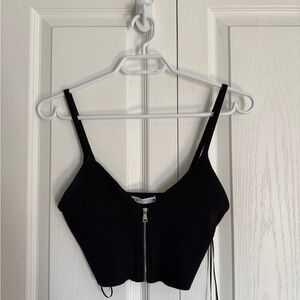 Black Ribbed Zip-Up Crop Top